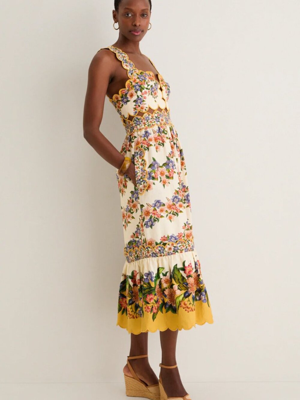 Farm Rio Hilo Stripes Sand Scallop-Trim Midi Dress - Picture 4 of 15